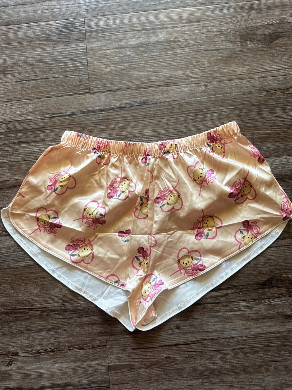 Women’s Peach Teddy Bear Print Satin Sleep Shorts